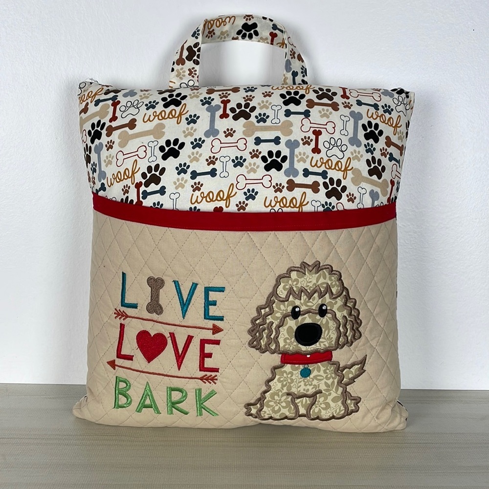 Poodle Live Love Bark quilted front pocket accent throw hanging pillow 14x14